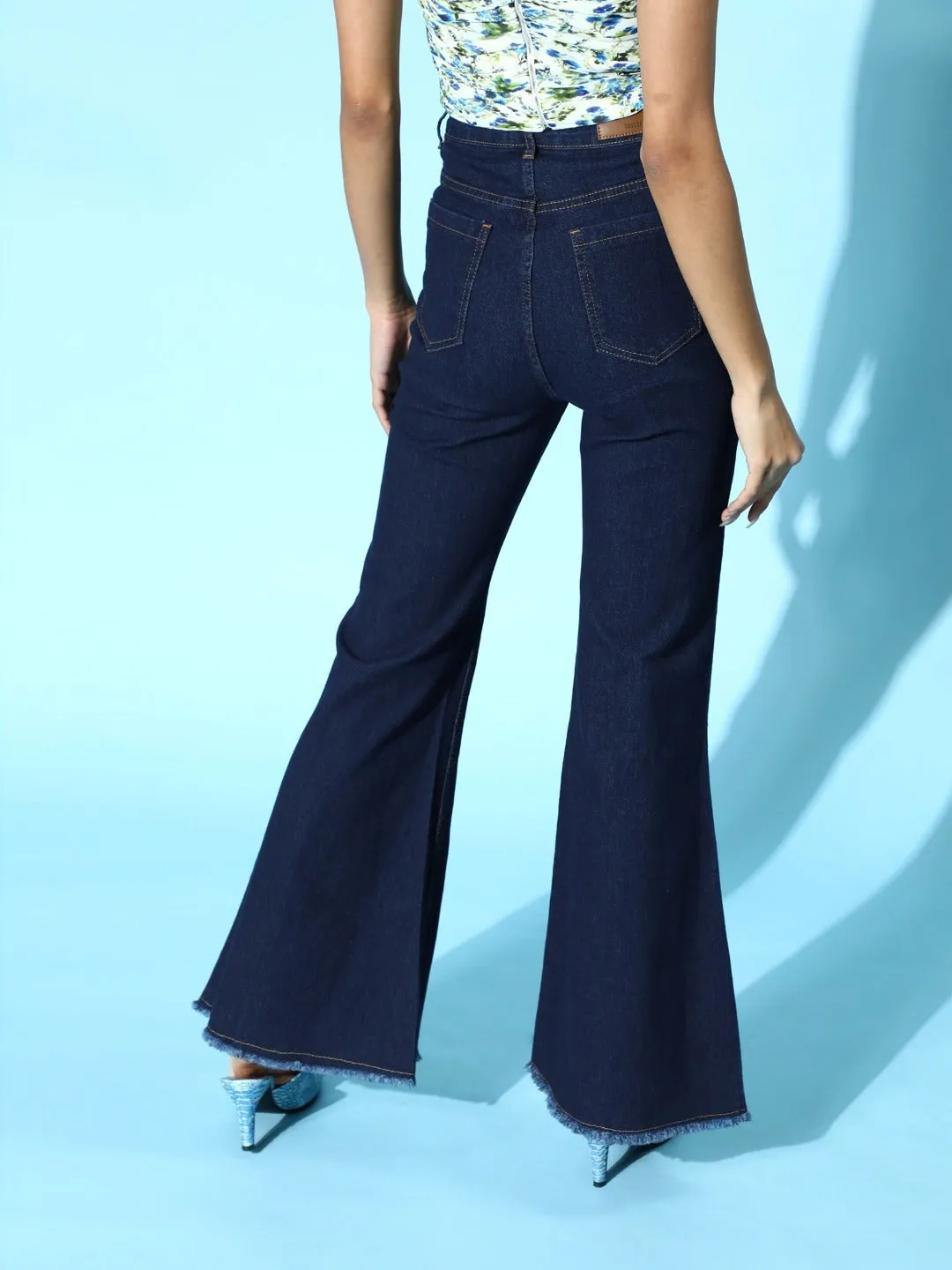 Women Navy Blue Front Slit Bell Bottom Jeans