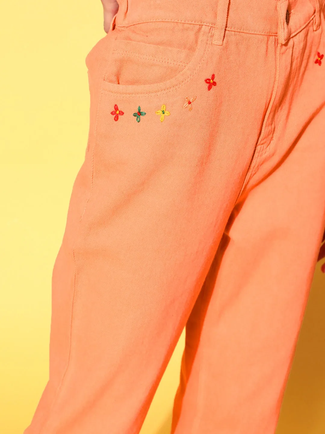 Women Peach Front Pocket Embroidered Jeans