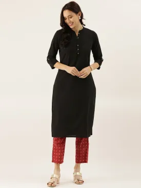 Women'S Black Solid Straight Roll Up Kurti