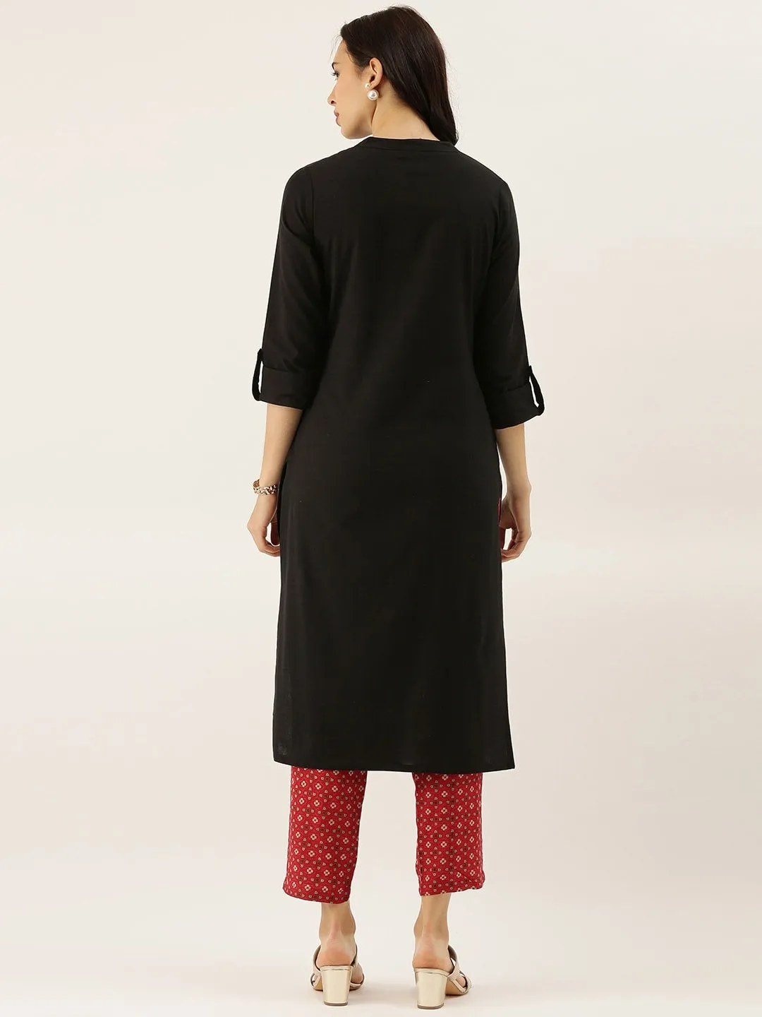 Women'S Black Solid Straight Roll Up Kurti