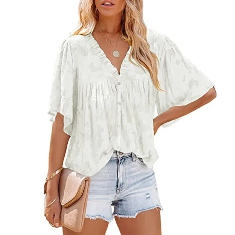 Women's Flared Sleeve Ruffle Chiffon Tops for Summer