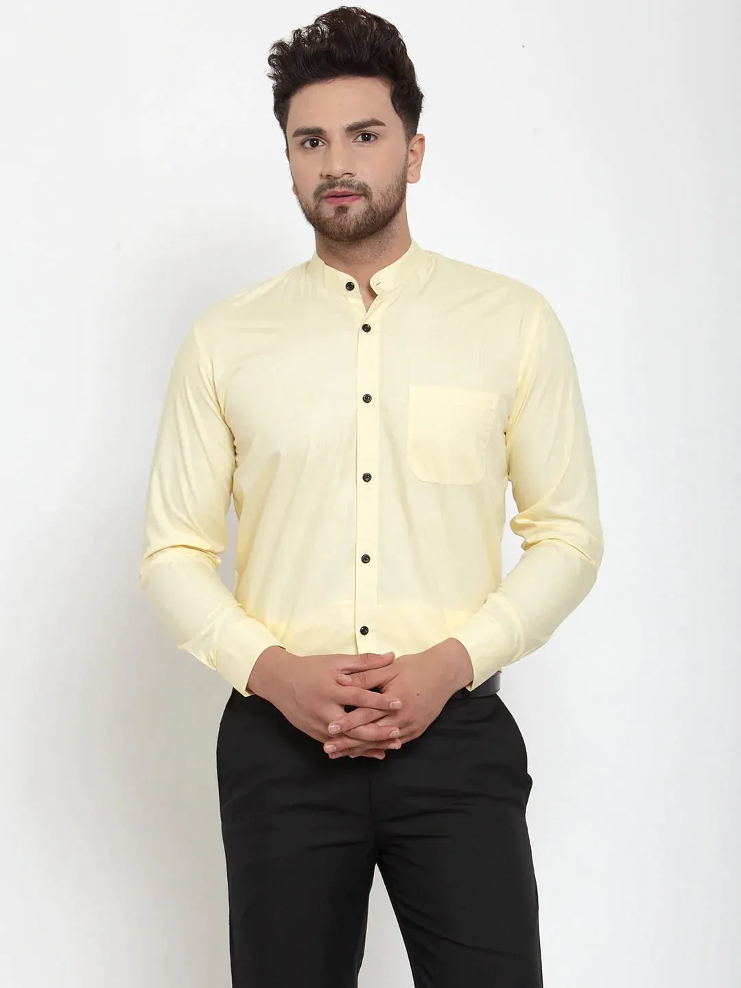 Yellow Men'S Cotton Solid Mandarin Collar Formal Shirts