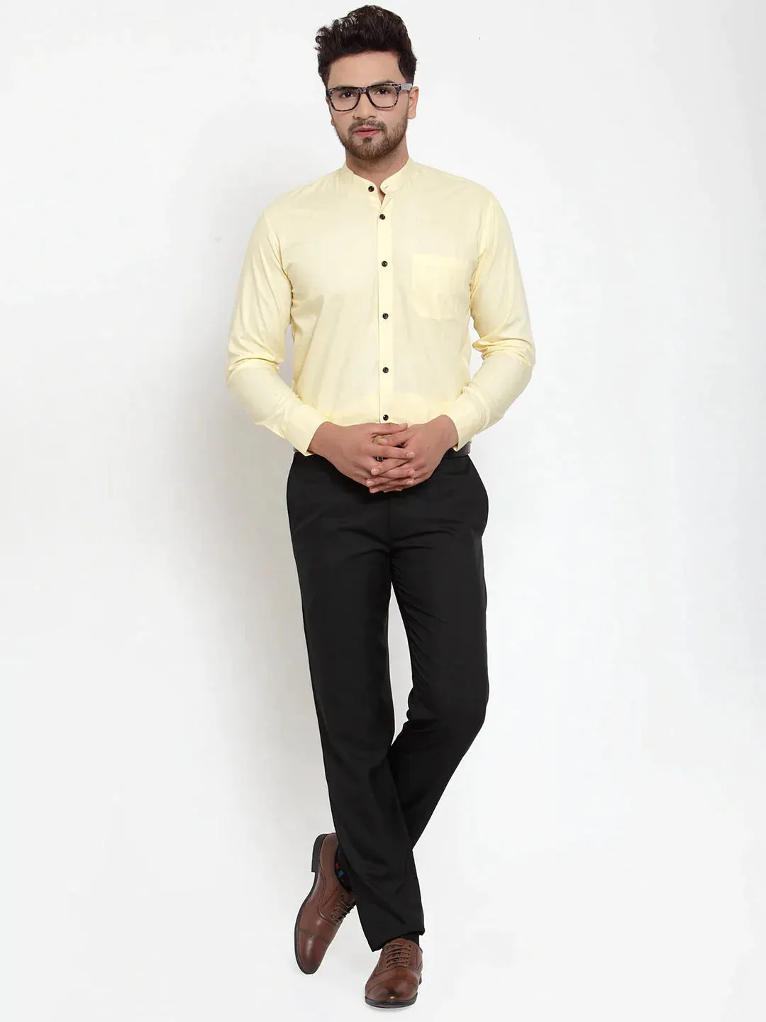 Yellow Men'S Cotton Solid Mandarin Collar Formal Shirts