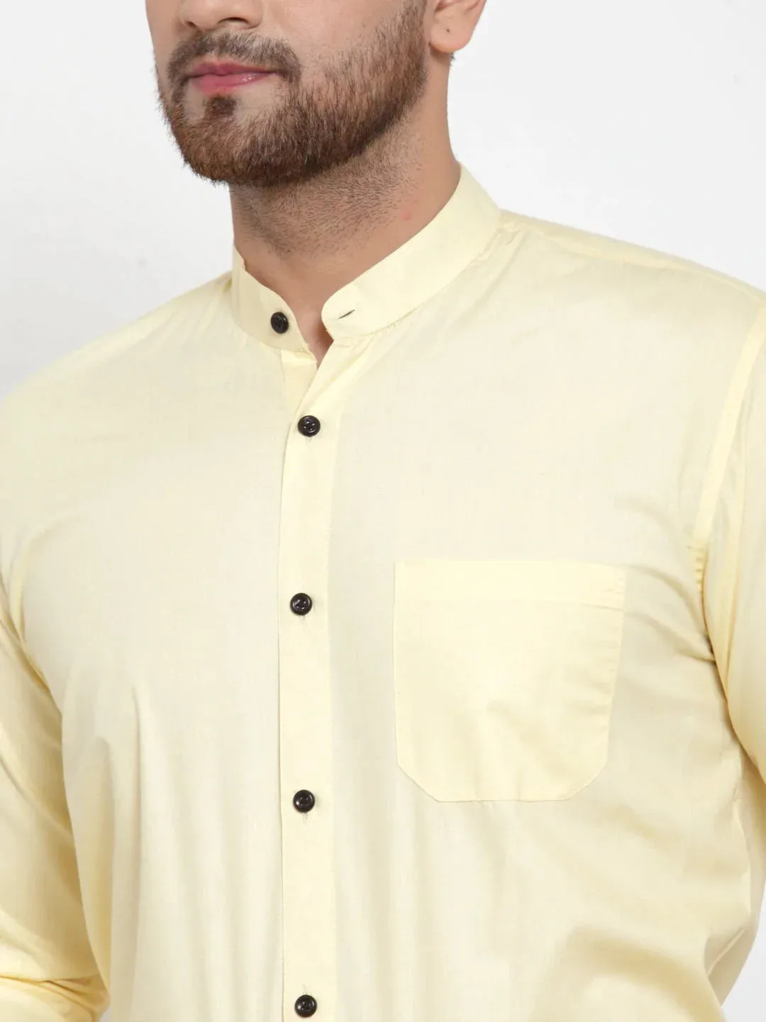 Yellow Men'S Cotton Solid Mandarin Collar Formal Shirts